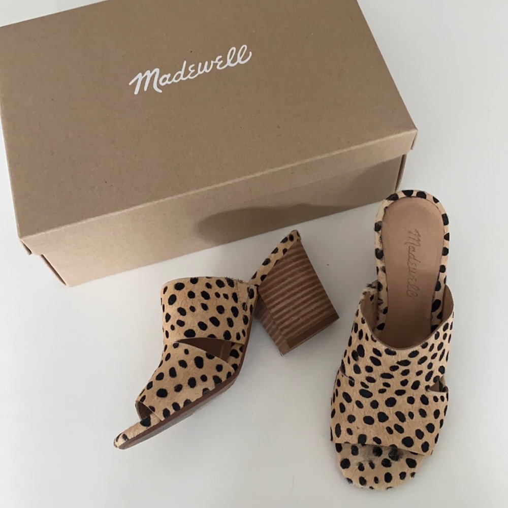 Madewell cutout heeled mules in dotted calf hair